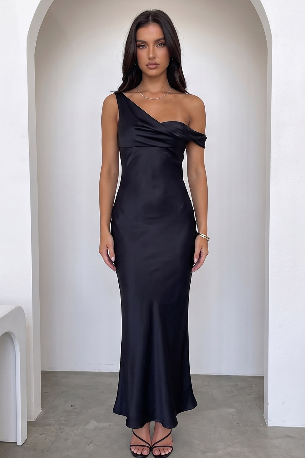 Black Sheath Asymmetrical Neck Satin Long Formal Dress