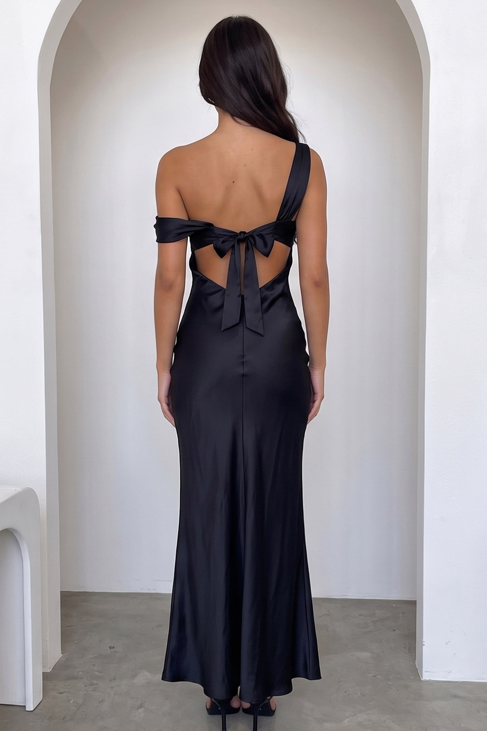 Black Sheath Asymmetrical Neck Satin Long Formal Dress