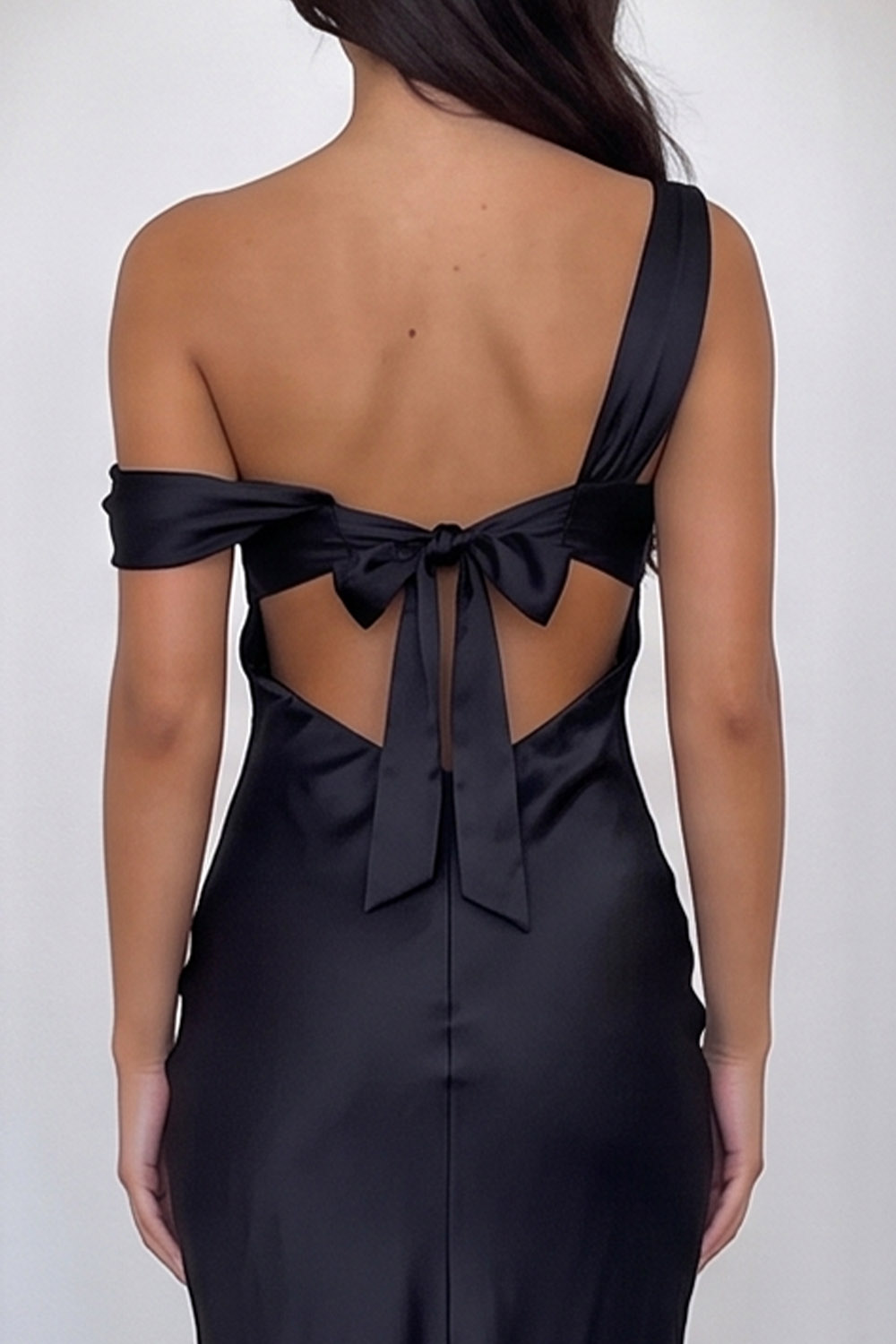 Black Sheath Asymmetrical Neck Satin Long Formal Dress