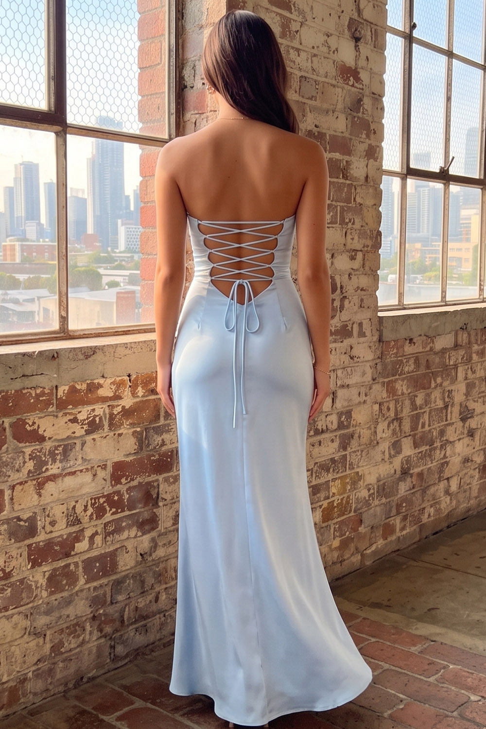 Light Blue Satin Sheath Strapless Ruched Long Formal Dress