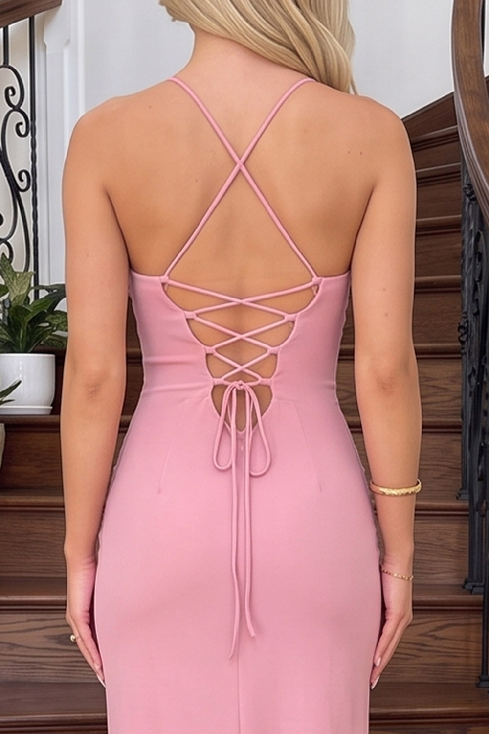 Pink Sheath Halter Long Formal Dress