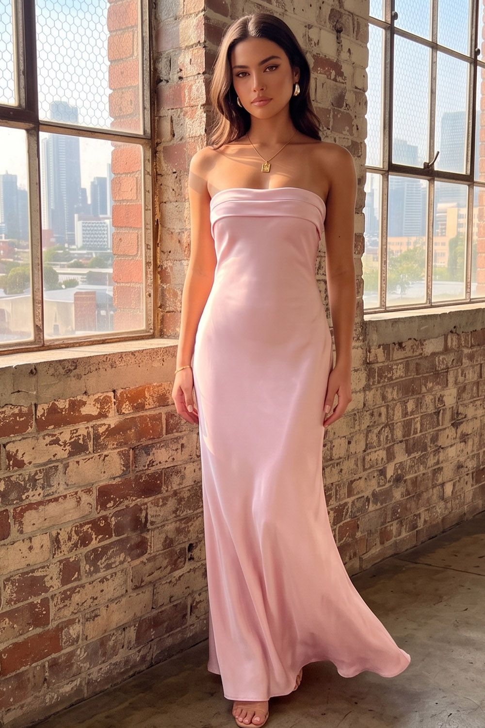 Pink Sheath Strapless Satin Long Formal Dress