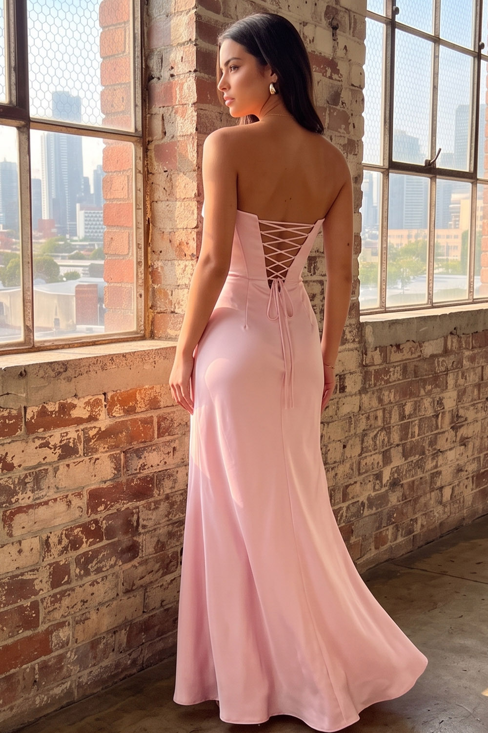Pink Sheath Strapless Satin Long Formal Dress