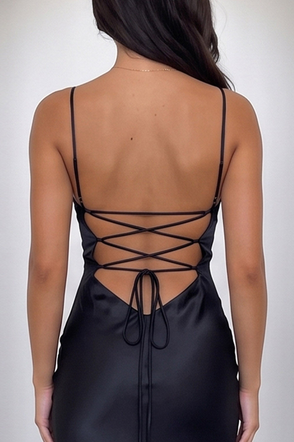 Black Satin Sheath Spaghetti Straps Maxi Formal Dress