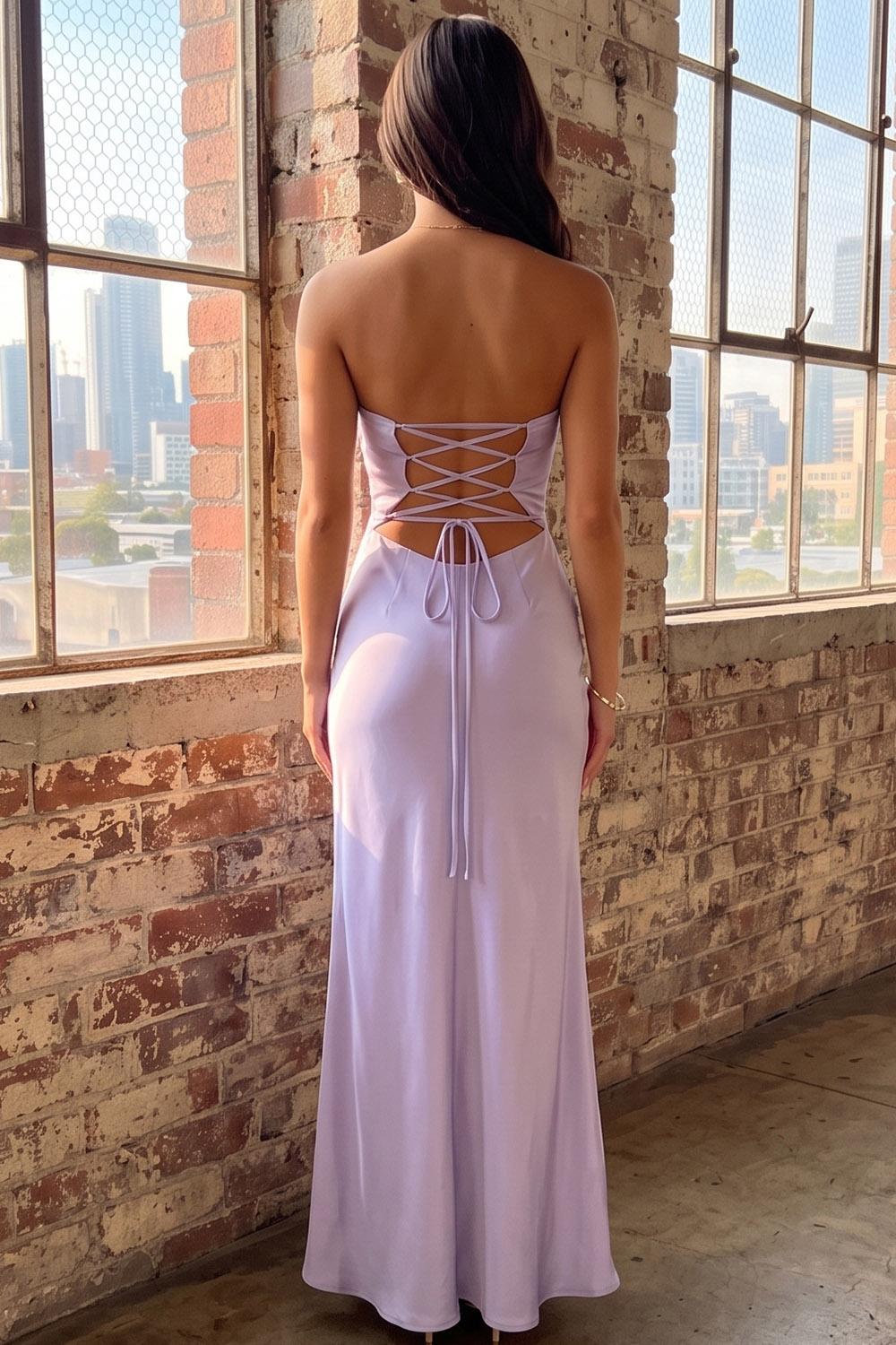 Lilac Sheath Strapless Satin Long Formal Dress