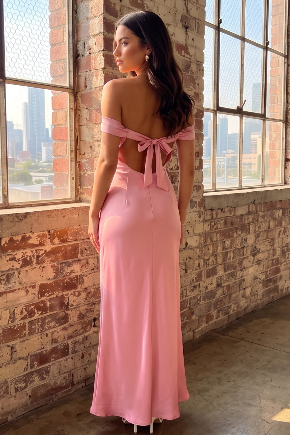 Pink Sheath Off the Shoulder Ruched Long Formal Dress