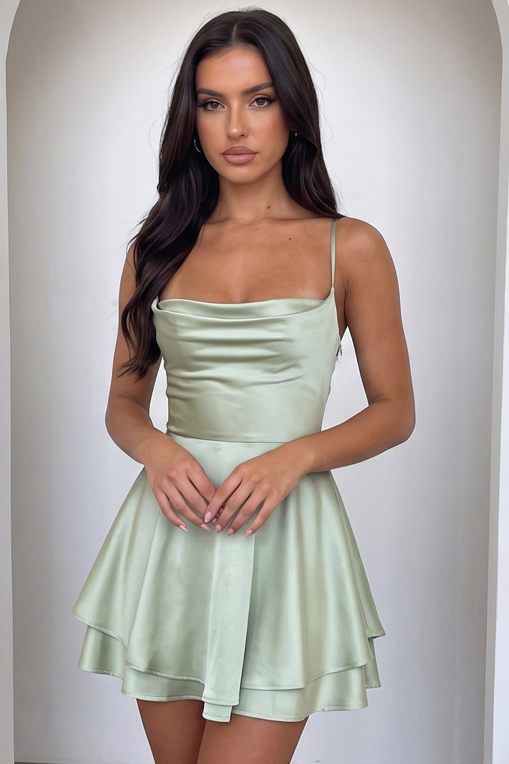 Sage Satin Spaghetti Straps Tiered Short Birthday Dress