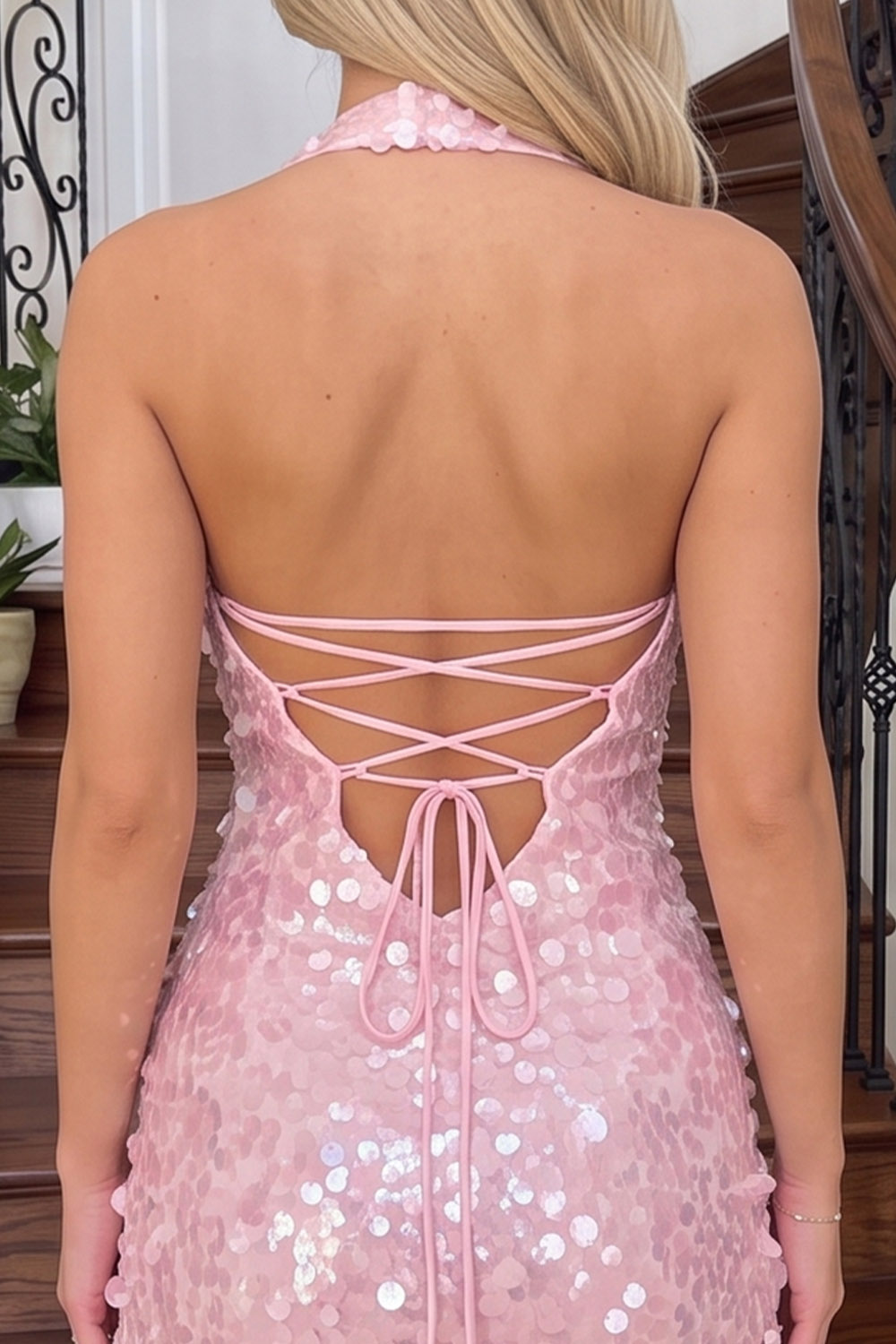 Sparkly Pink Sequins Bodycon Halter Short Birthday Dress