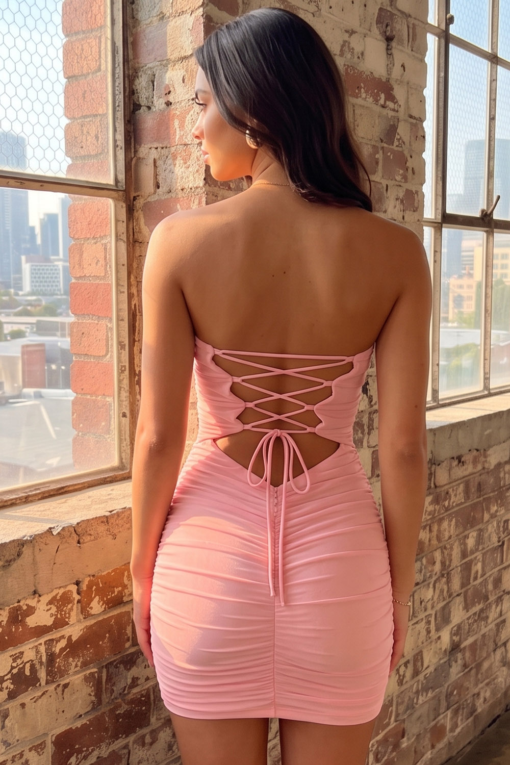 Strapless Ruched Pink Bodycon Short Birthday Dress