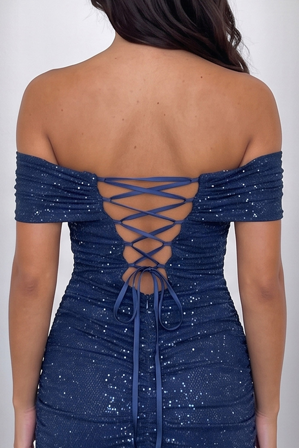 Dark Navy Sparkly Bodycon Off the Shoulder Ruched Short Birthday Dress