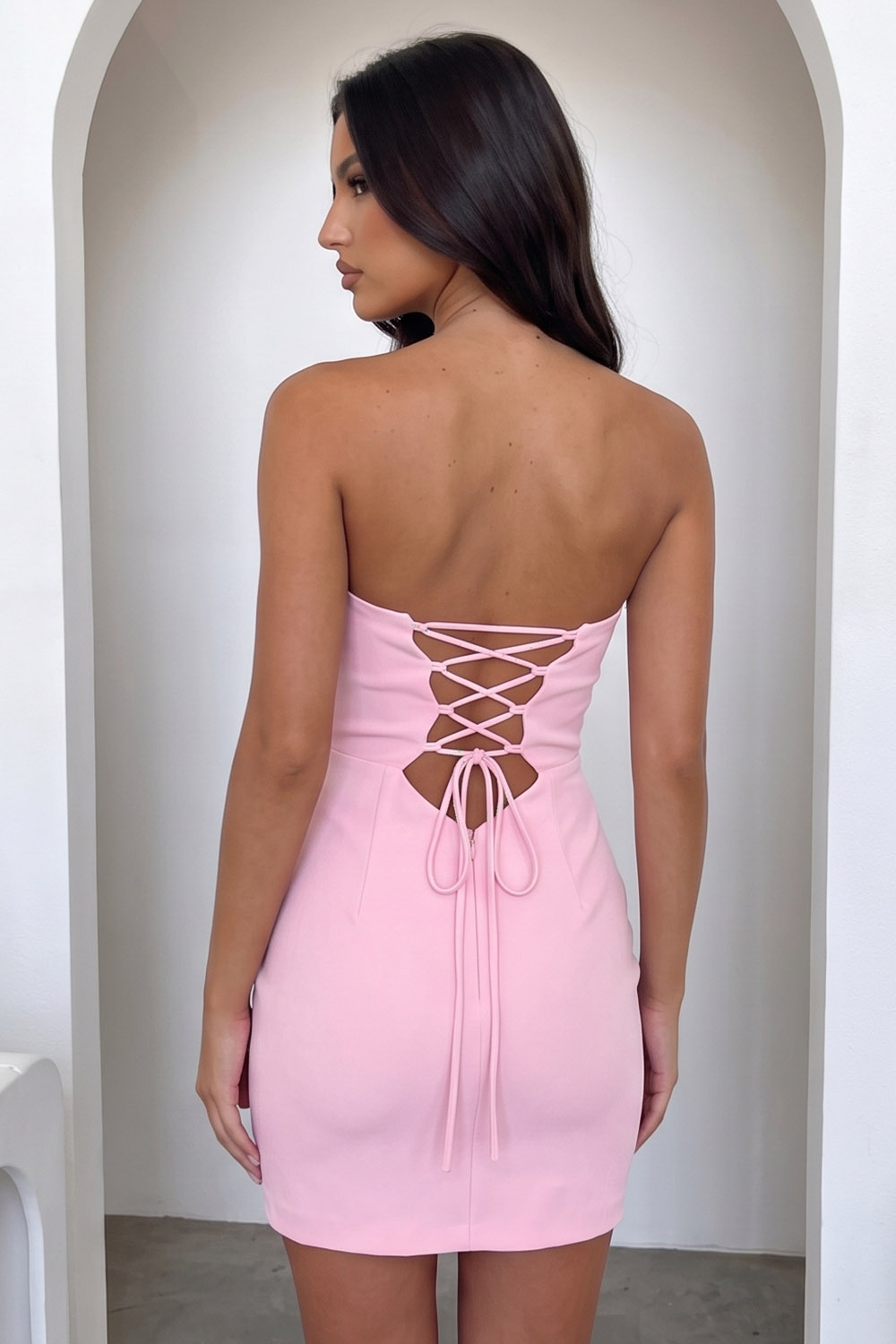 Pink Bodycon Lace Up Back Strapless Short Birthday Dress