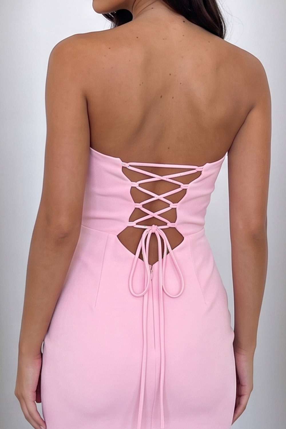 Pink Bodycon Lace Up Back Strapless Short Birthday Dress