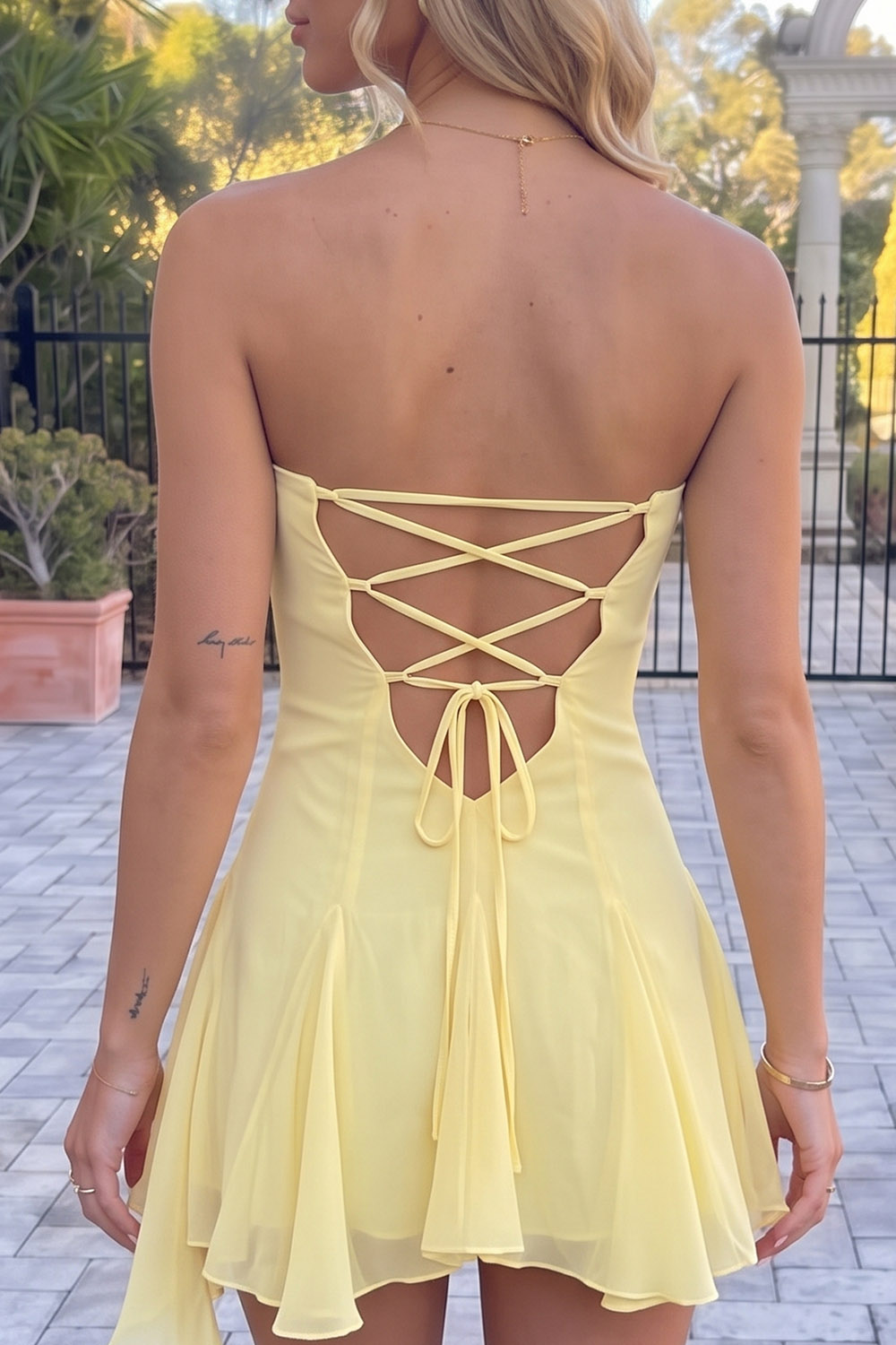 Yellow Sweetheart Lace Up Back Short Birthday Dress