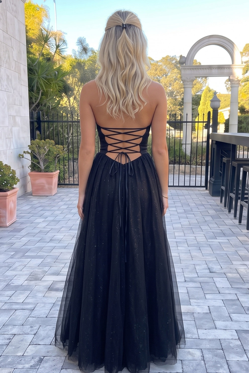 Black A-Line Strapless Sparkly Long Prom Dress