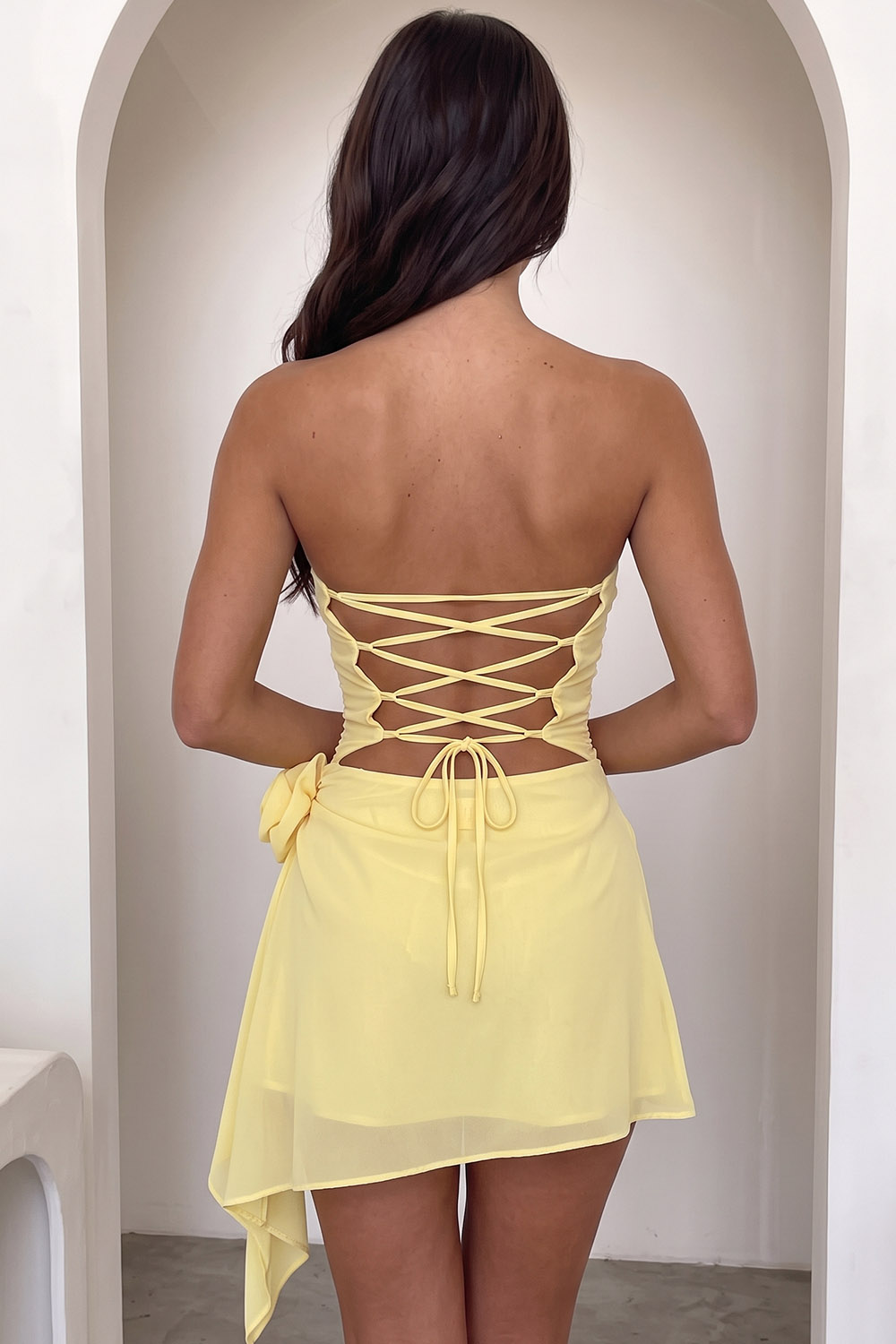 Yellow Ruched Strapless Short Birthday Dress with 3D Flower