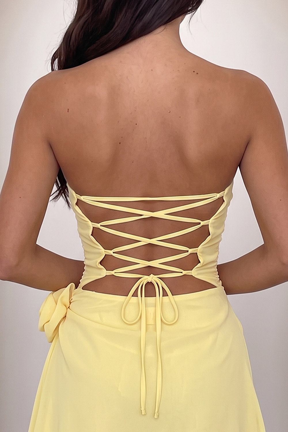 Yellow Ruched Strapless Short Birthday Dress with 3D Flower