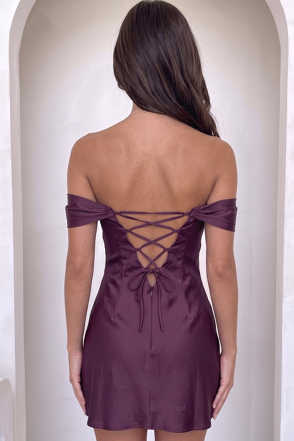 Plum Off the Shoulder Ruched Short Birthday Dress