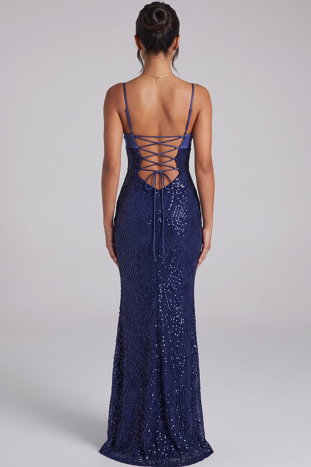 Dark Navy Sheath Spaghetti Straps Ruched Long Prom Dress with Slit