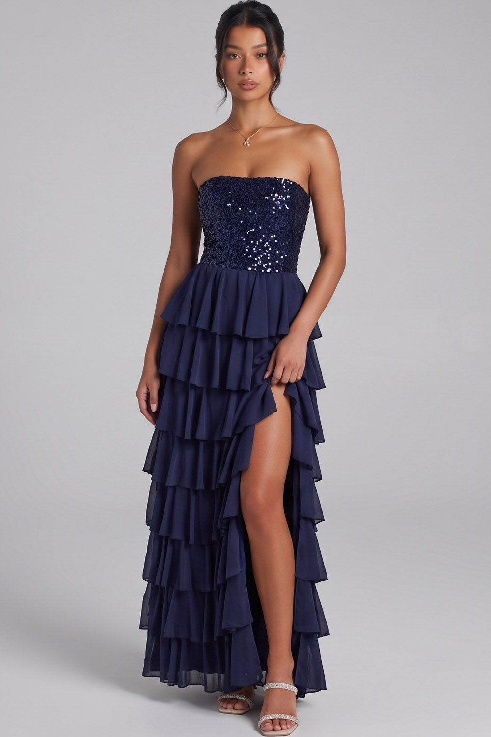 Dark Navy Sequins Strapless Tiered Long Prom Dress with Slit