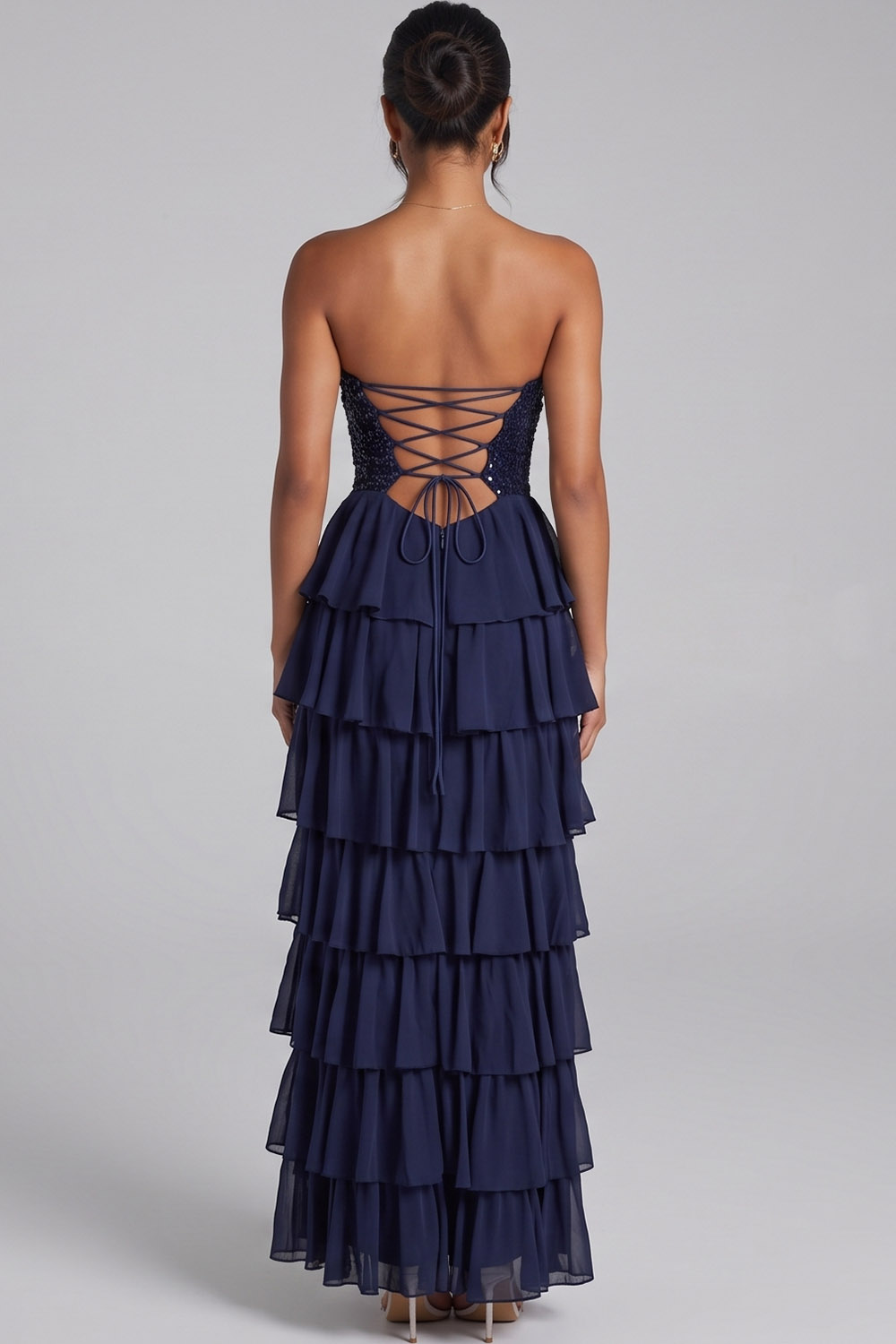 Dark Navy Sequins Strapless Tiered Long Prom Dress with Slit