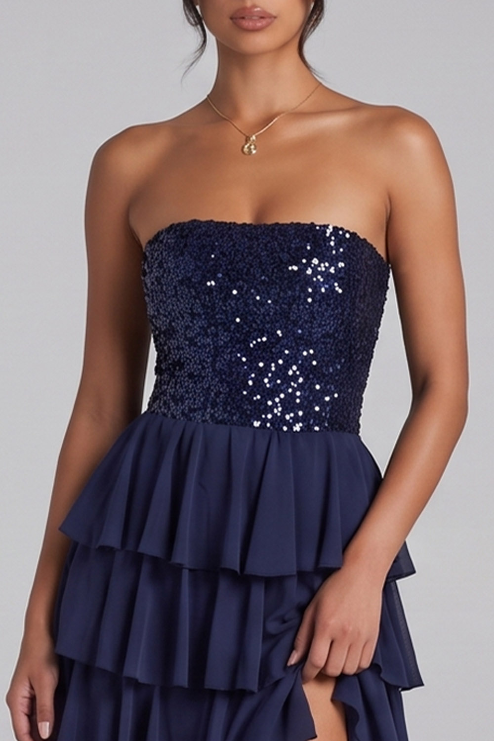 Dark Navy Sequins Strapless Tiered Long Prom Dress with Slit