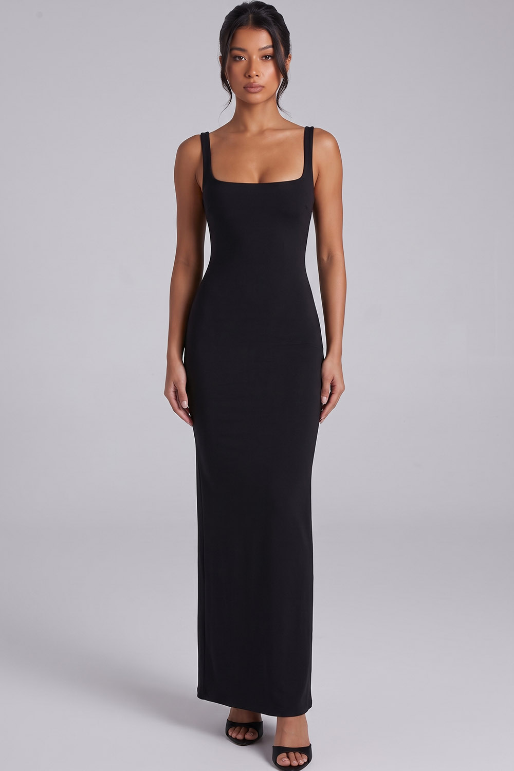 Black Sheath Square Neck Long Formal Dress with Back Slit
