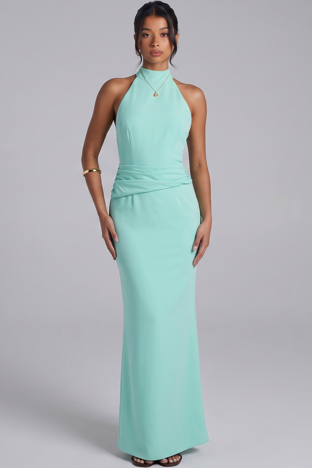 Mint Green Sheath Halter Ruched Long Formal Dress