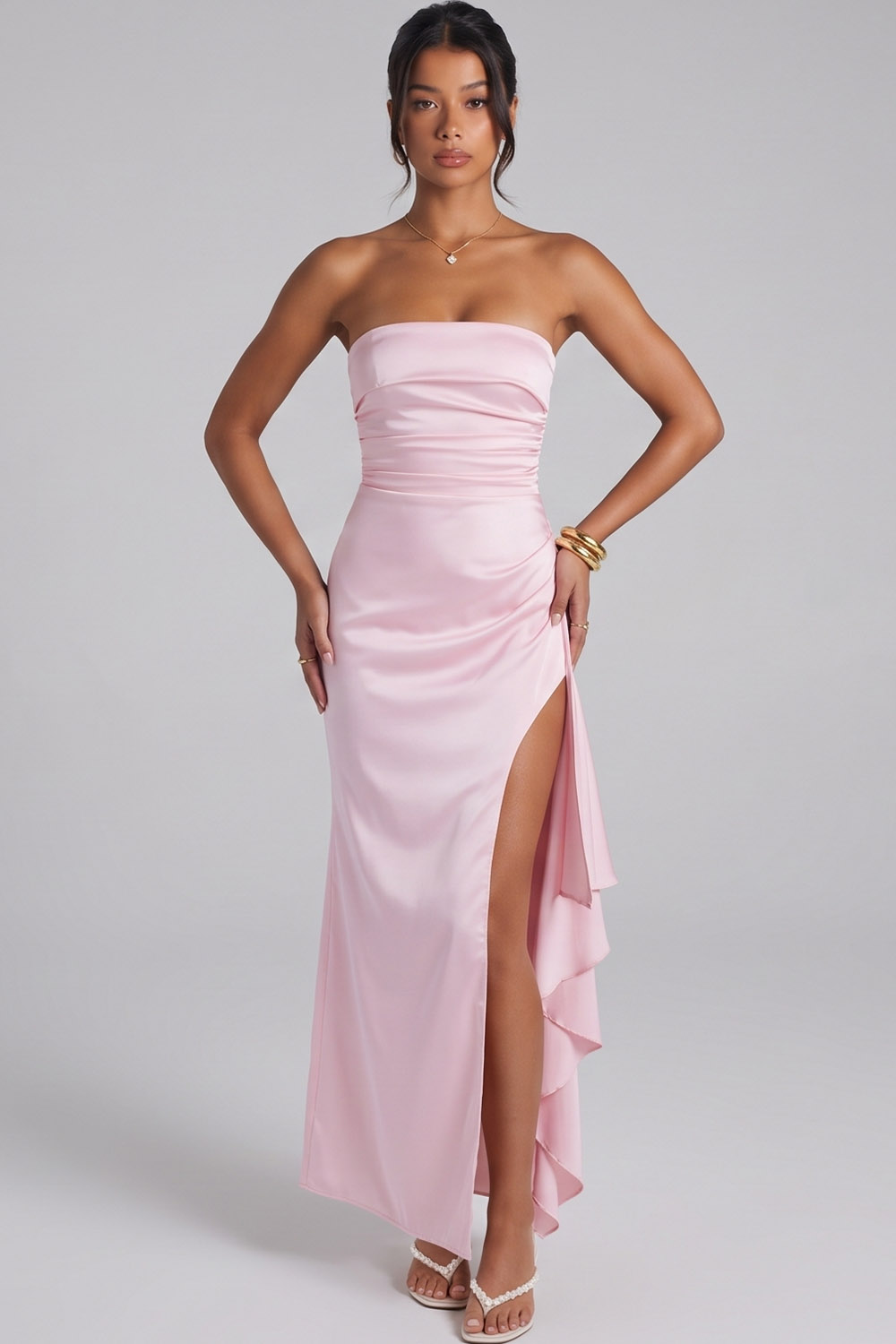 Pink Satin Sheath Strapless Ruched Long Prom Dress with Side Slit