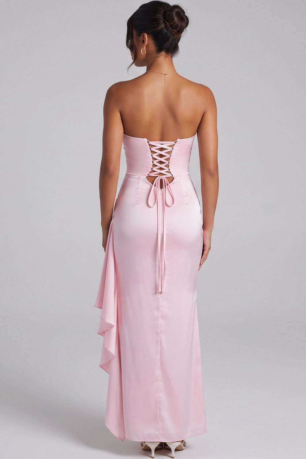 Pink Satin Sheath Strapless Ruched Long Prom Dress with Side Slit