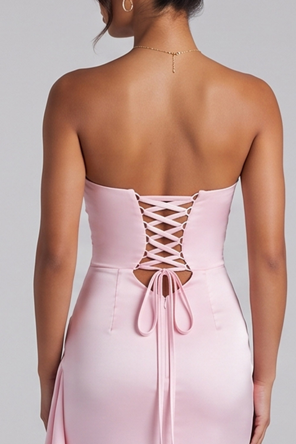 Pink Satin Sheath Strapless Ruched Long Prom Dress with Side Slit