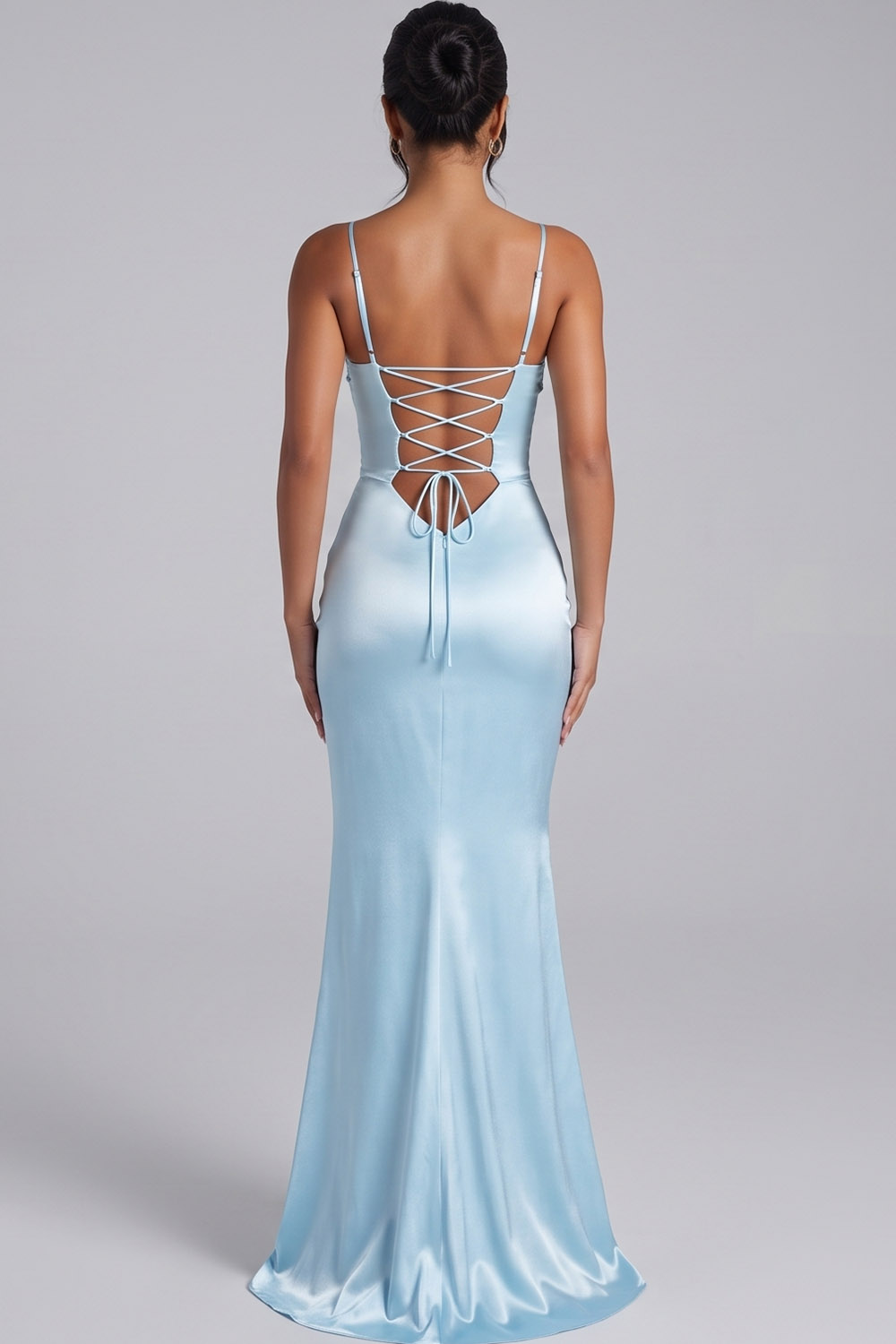 Light Blue Sheath Spaghetti Straps Long Satin Prom Dress