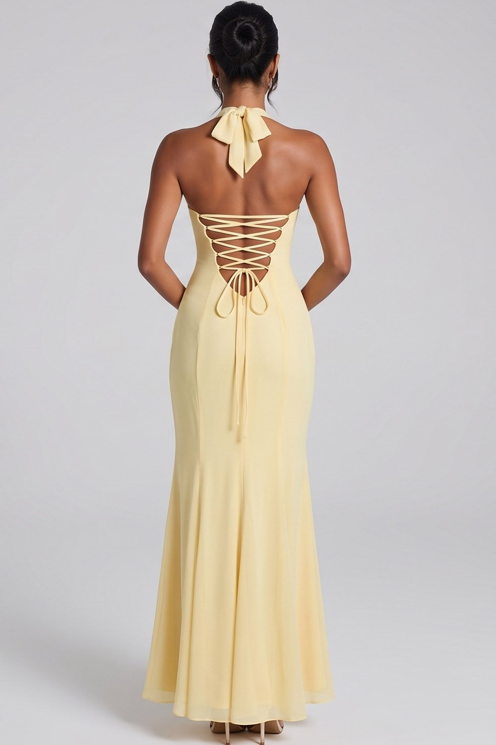 Daffodil Mermaid Halter Lace Up Back Long Prom Dress