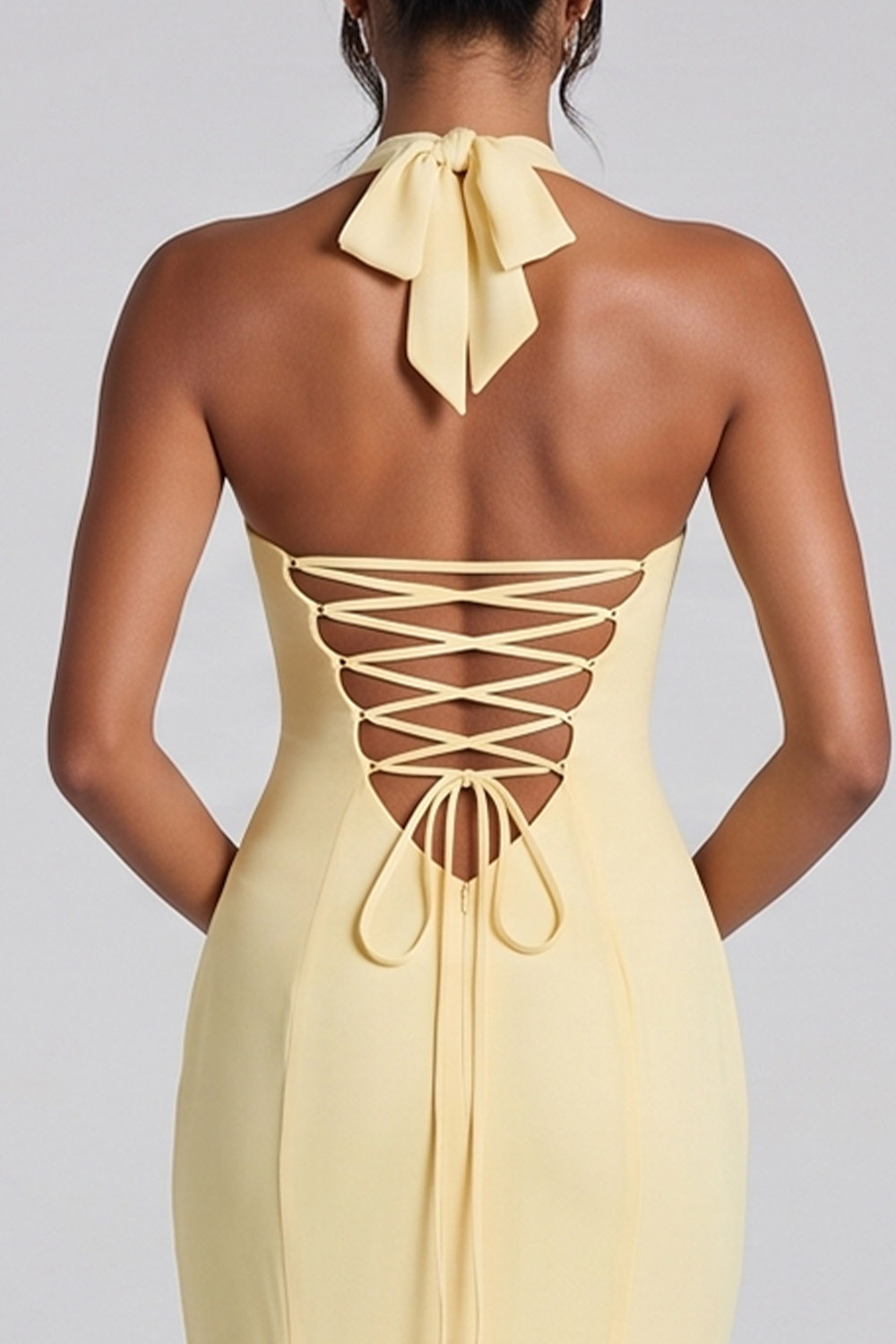 Daffodil Mermaid Halter Lace Up Back Long Prom Dress