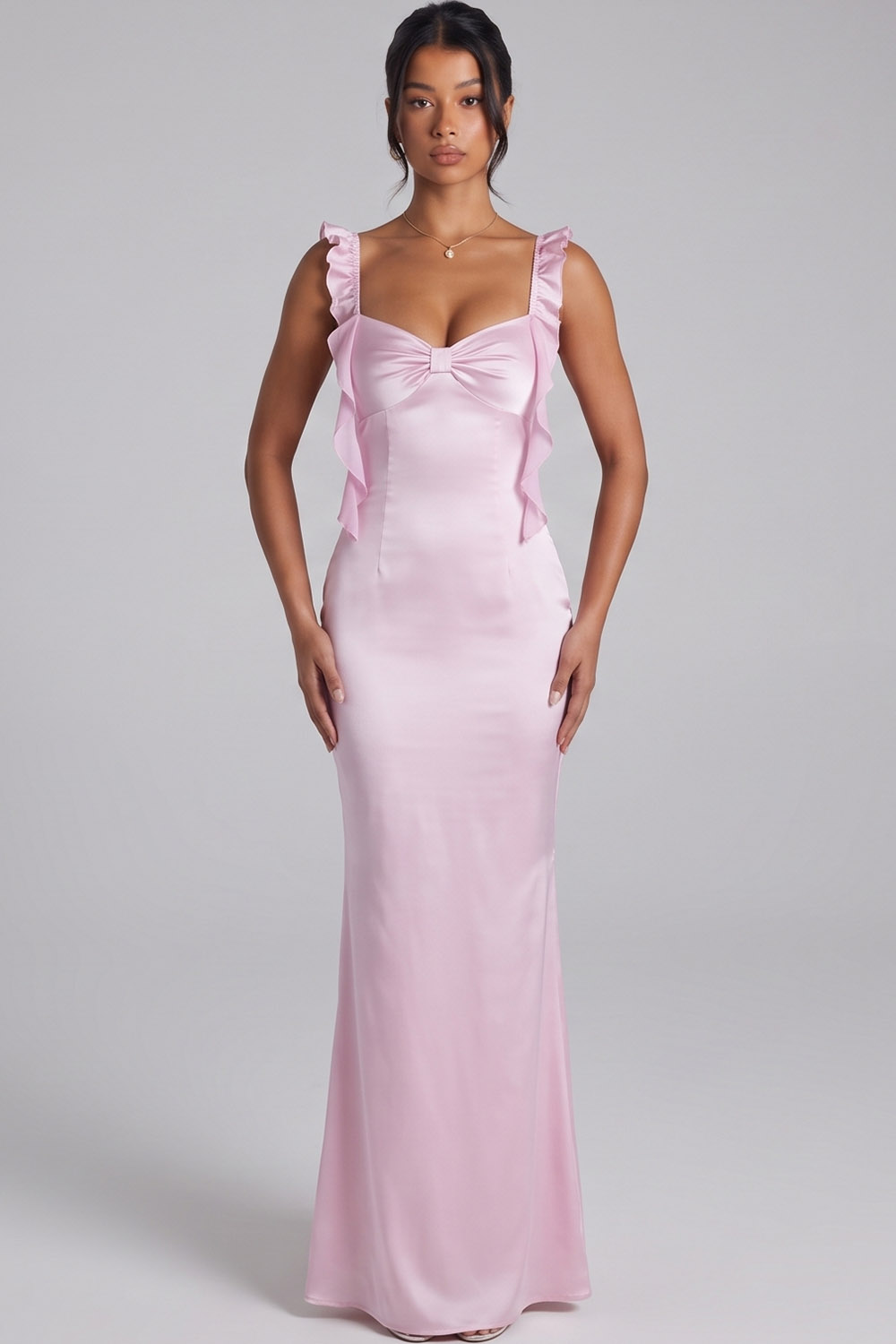 Pink Sheath Lace Up Back Long Prom Dress with Ruffles