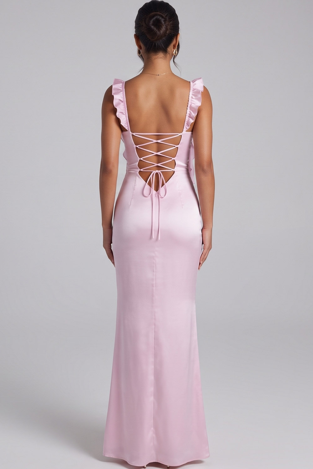 Pink Sheath Lace Up Back Long Prom Dress with Ruffles