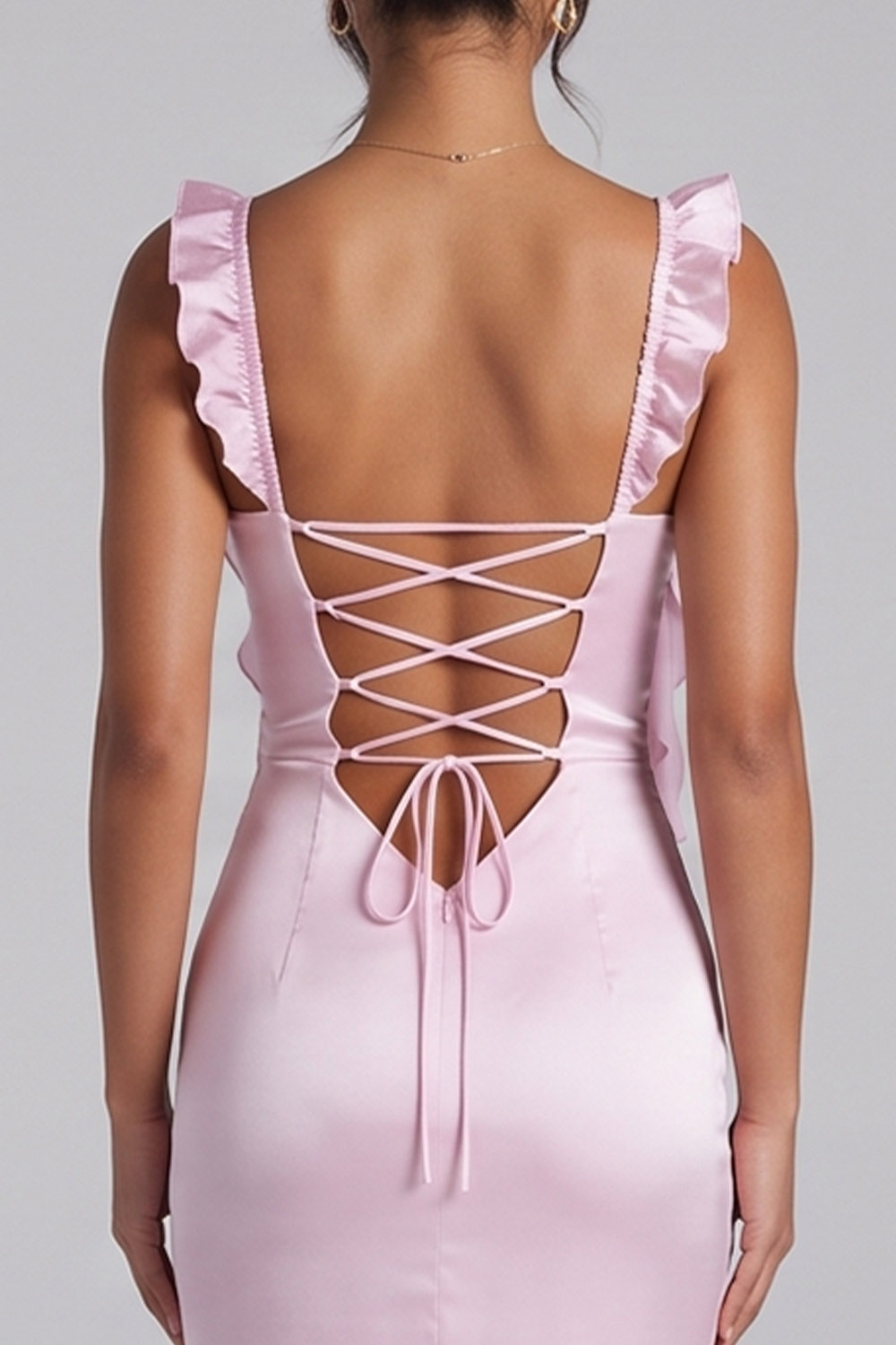 Pink Sheath Lace Up Back Long Prom Dress with Ruffles
