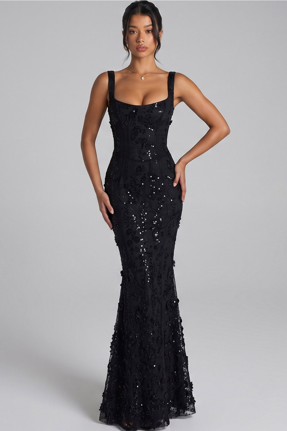 Hellymoon Women Sparkly Sequins Black Long Prom Dress Mermaid Square Neck Lace Up Back Formal Dress