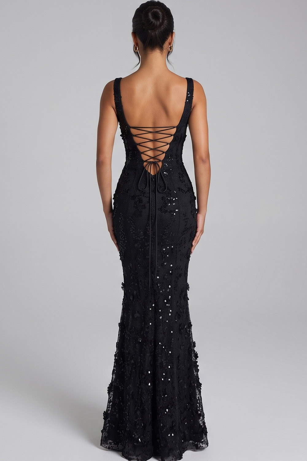 Black Sparkly Mermaid Square Neck Sequins Long Prom Dress