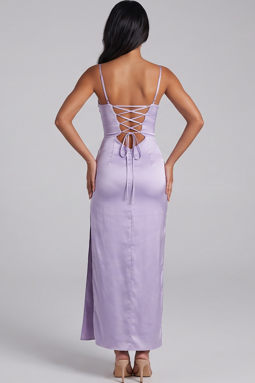 Lilac Sheath Lace Up Back Satin Long Formal Dress with Side Slit