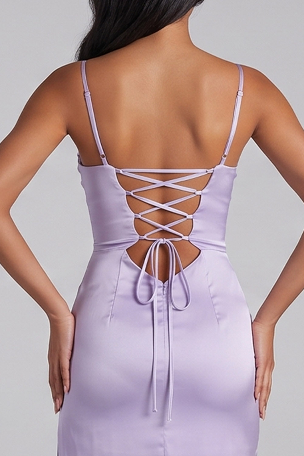 Lilac Sheath Lace Up Back Satin Long Formal Dress with Side Slit