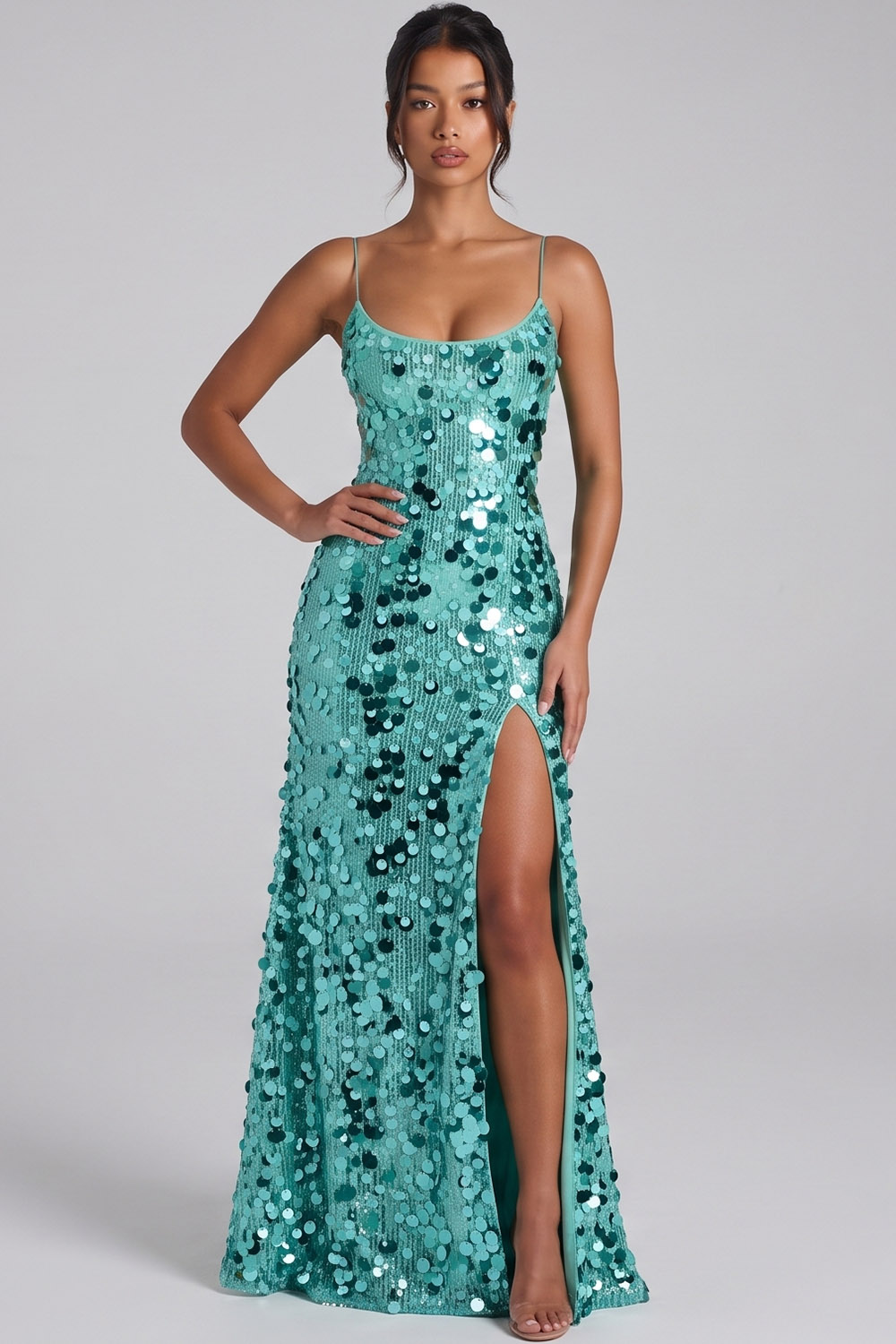 Mint Green Sheath Scoop Neck Sequins Long Prom Dress with Side Slit