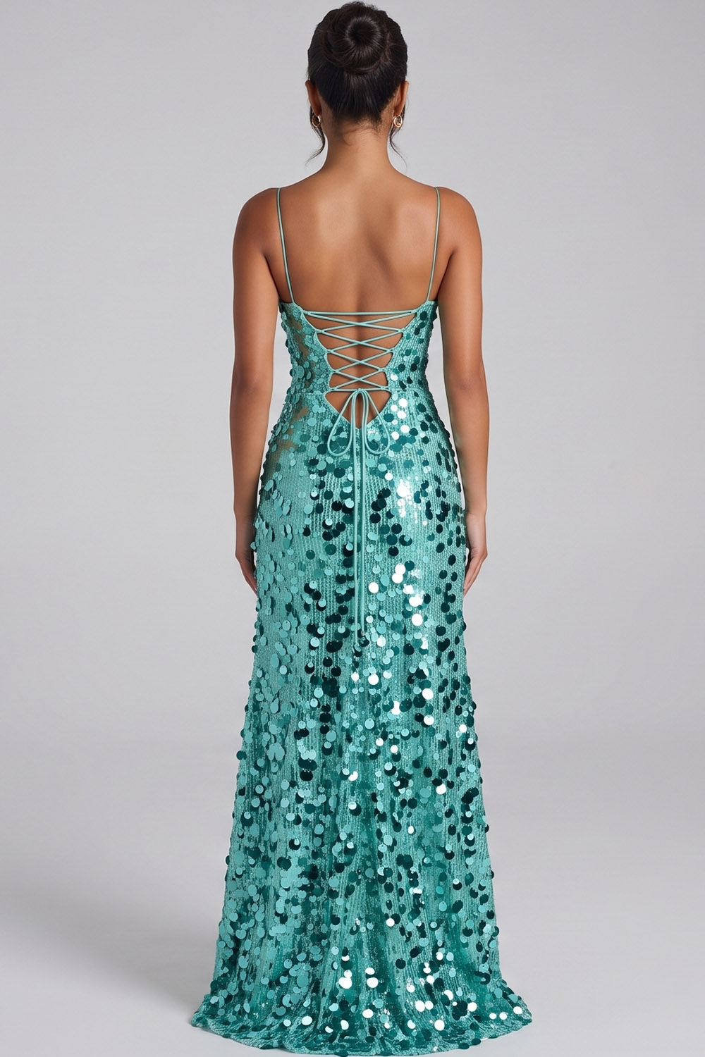 Mint Green Sheath Scoop Neck Sequins Long Prom Dress with Side Slit