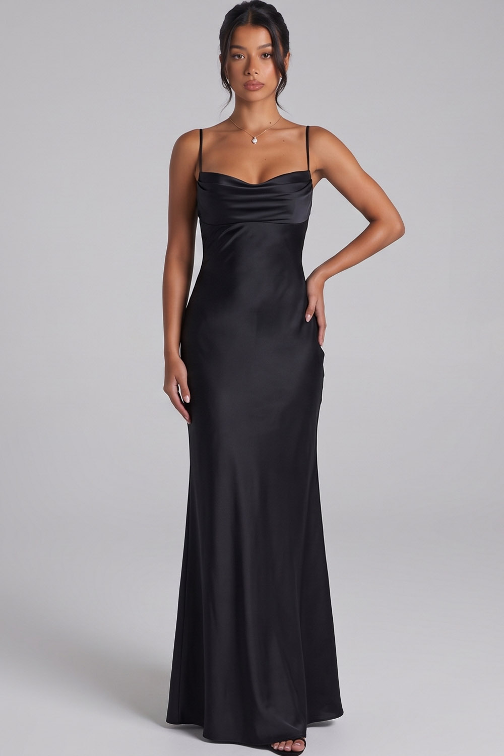 Black Spaghetti Straps Satin Sheath Long Formal Dress