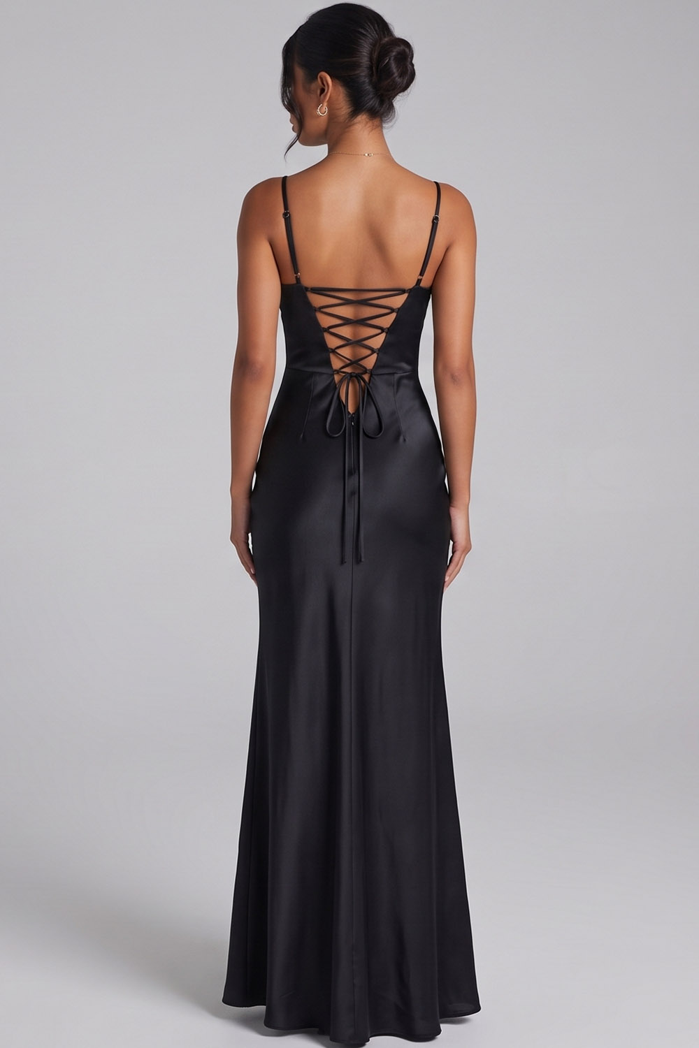 Black Spaghetti Straps Satin Sheath Long Formal Dress