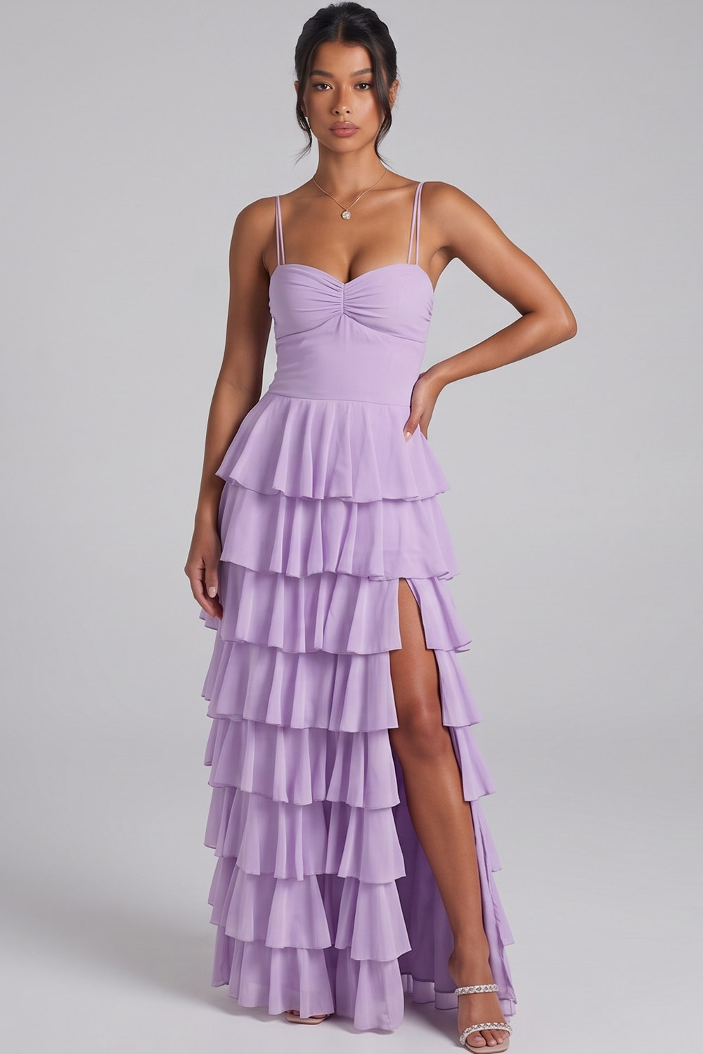 Lilac Tiered Spaghetti Straps Ruched Long Prom Dress with Side Slit