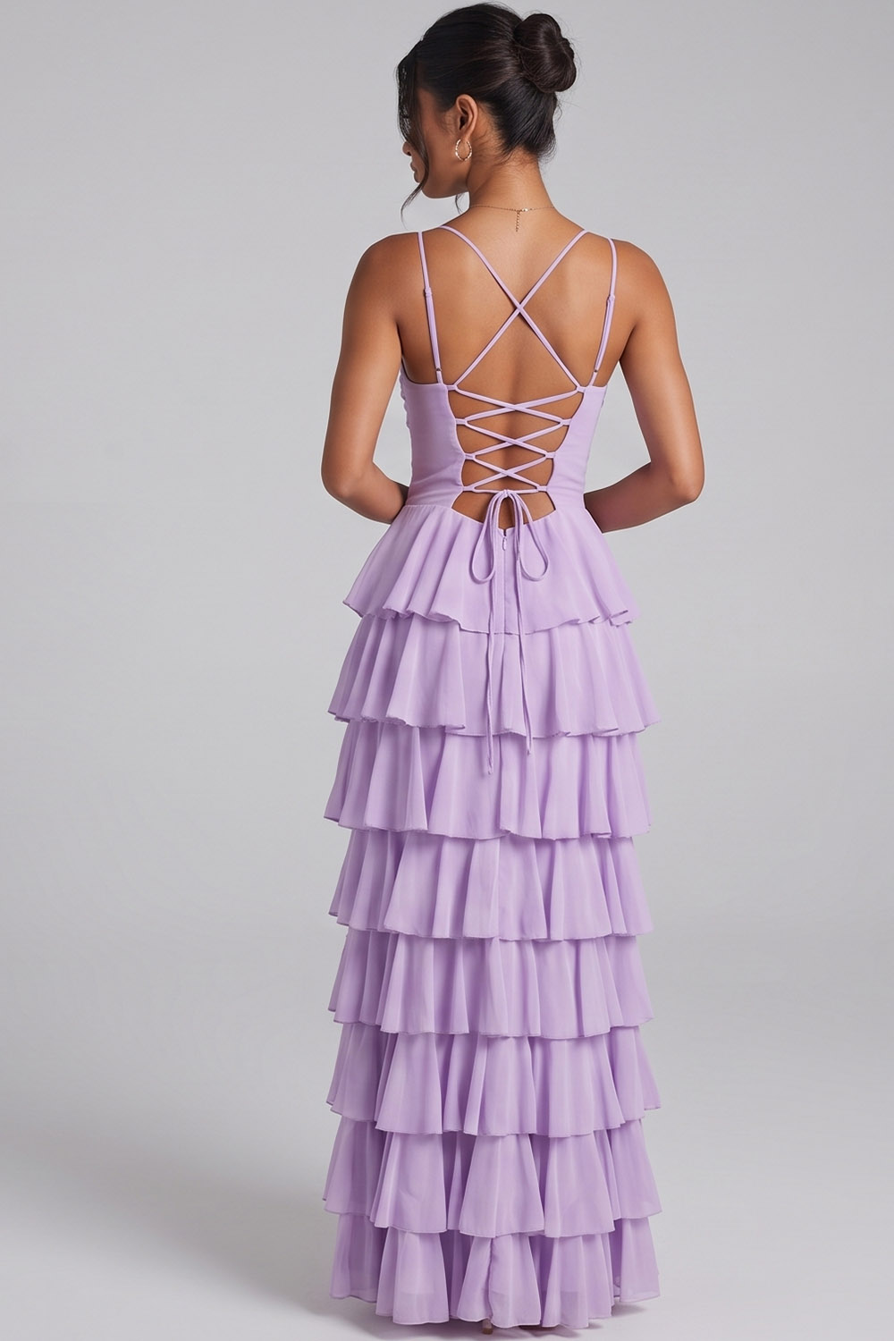 Lilac Tiered Spaghetti Straps Ruched Long Prom Dress with Side Slit