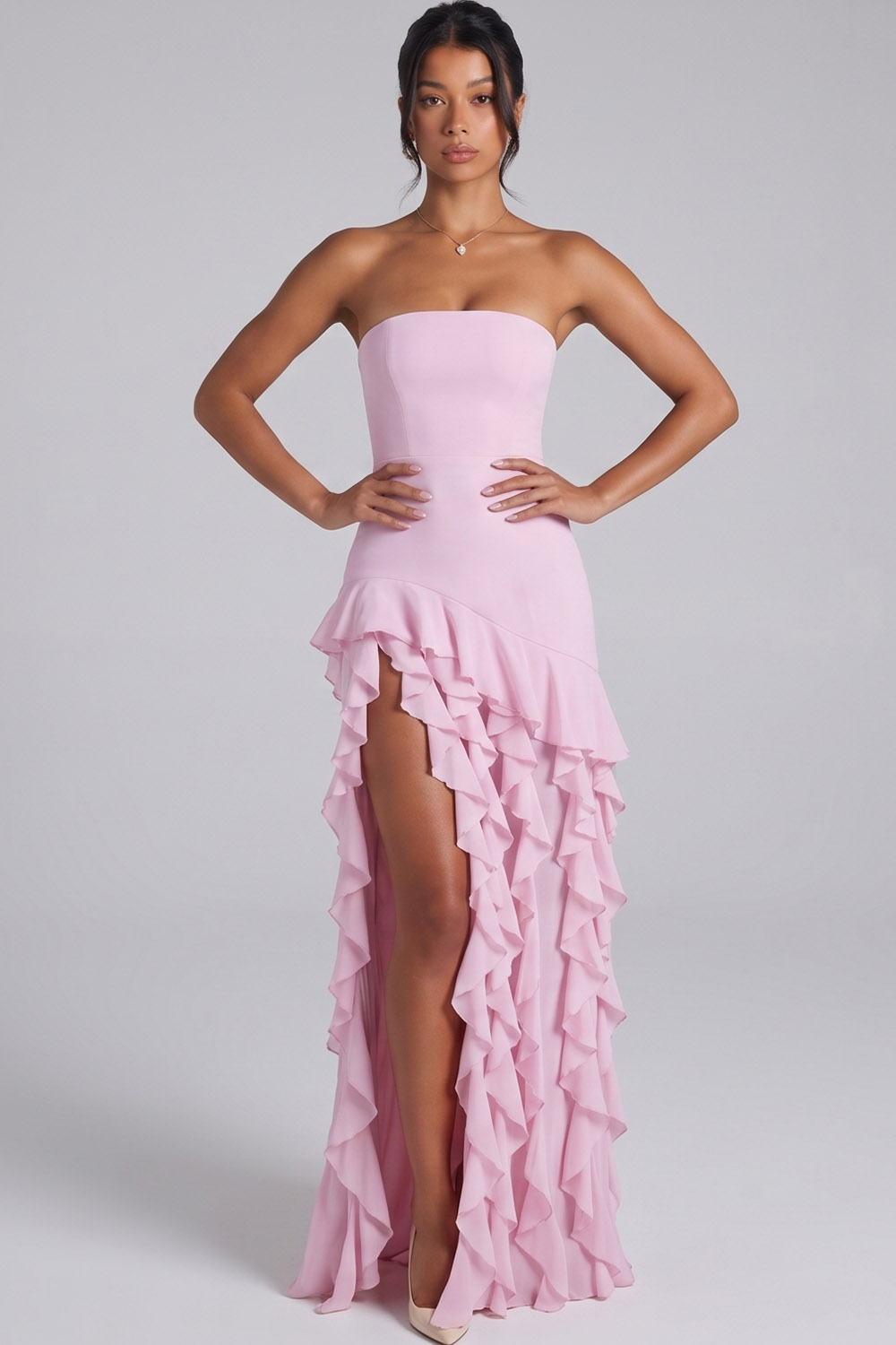 Pink Sheath Strapless Ruffled Long Prom Dress with Side Slit