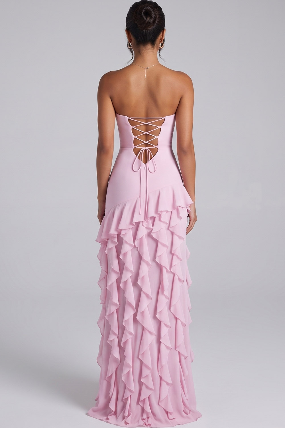 Pink Sheath Strapless Ruffled Long Prom Dress with Side Slit