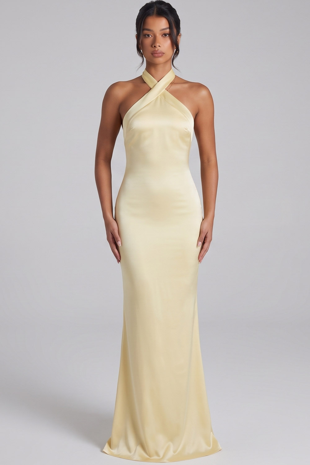 Daffodil Sheath Halter Satin Long Formal Dress with Bow