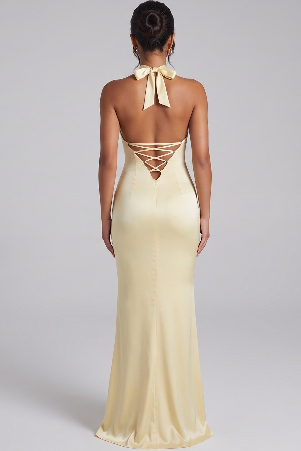 Daffodil Sheath Halter Satin Long Formal Dress with Bow